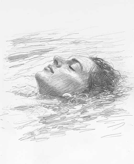 Photo pencil sketch of woman face above the water at sea