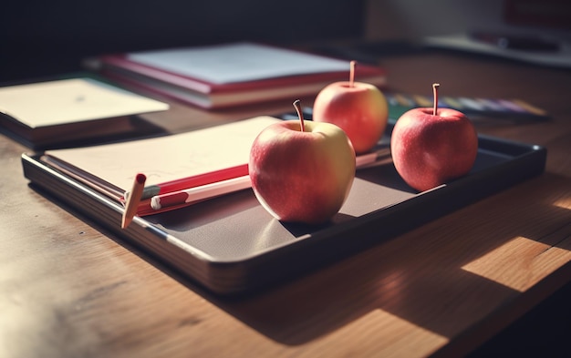 Pencil tray and apple on notebooks on the school teacher39s desk AI Generative AI