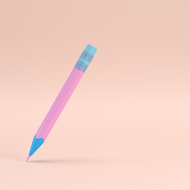 Pencil with eraser on pink pastel with copy space. 3d rendering