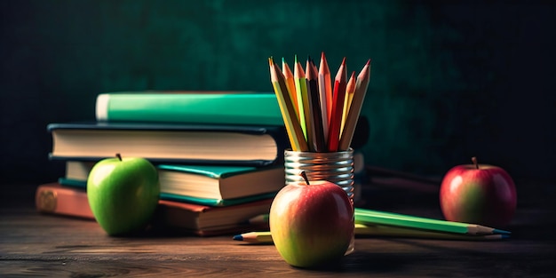 Pencils books and apple on the table with a green background