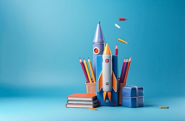 青色の背景に学校用の鉛筆と本 学校のコンセプトが AI を生成