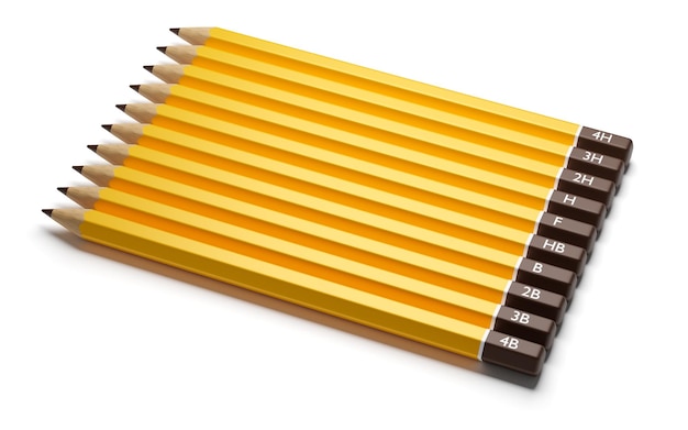 Pencils of different hardness for drawing Pencils HB H B F 2H 2B isolated on white 3d render