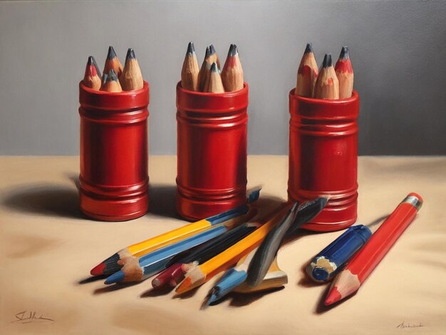캔버스에 있는 빨간색 날카로운 펜 근처에 있는 연필