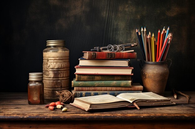 pencils in the pencil case and books on the table