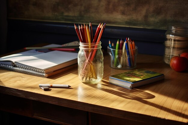 Photo pencils in the pencil case and books on the table