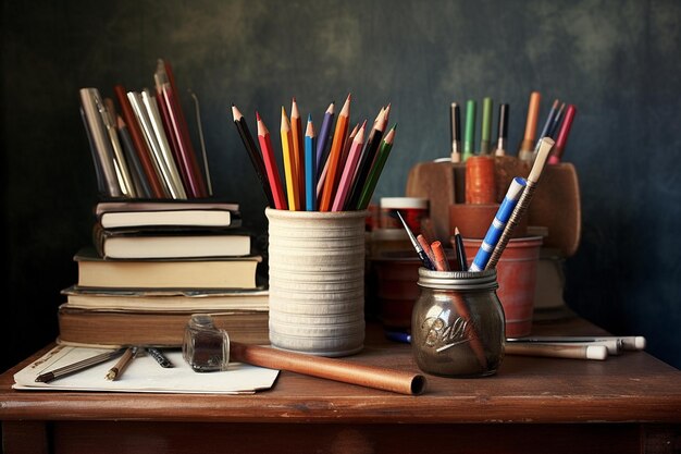 pencils in the pencil case and books