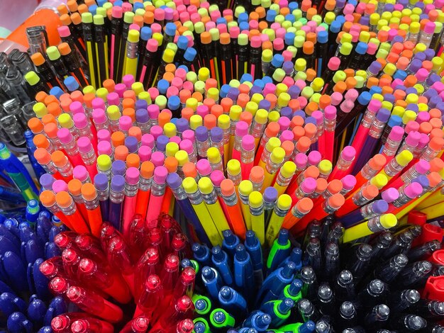 Pencils and pens on a stationery store back to school selective focus