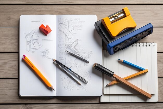 Photo pencils and sharpener near notebook