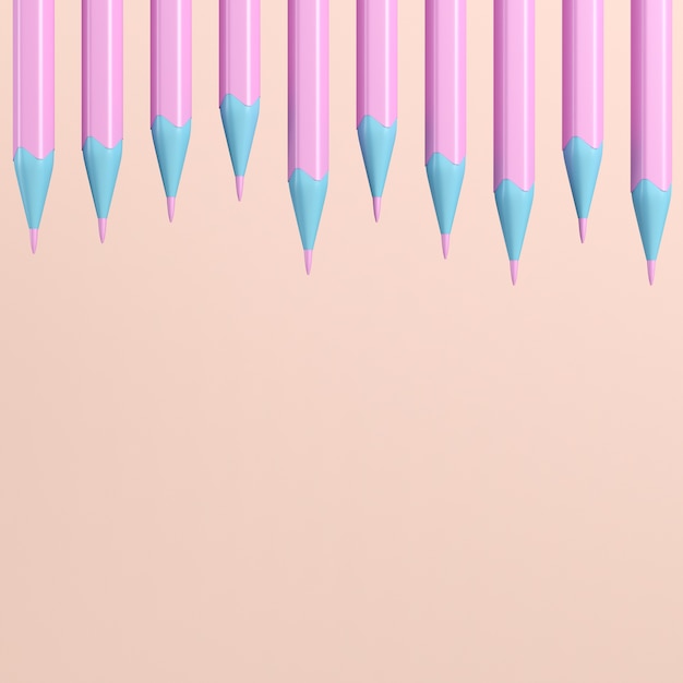 Pencils with erasers on pink pastel with copy space. 3d rendering