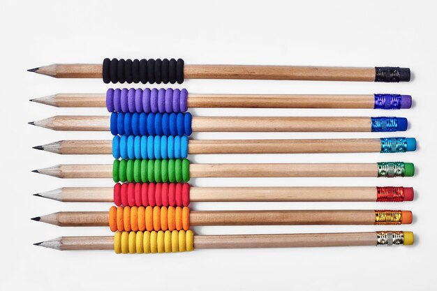 Pencils with rubber foam grips. Isolated pencils with erasers. Create your masterpiece.