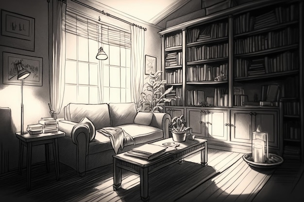 A pencilsketch of a cozy living room with bookshelves and warm lighting