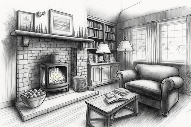 Pencilsketch of cozy living room with fireplace and bookshelf in the background