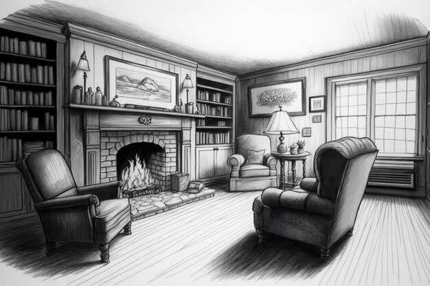 Pencilsketched living room with cozy fireplace bookshelves and comfy armchair