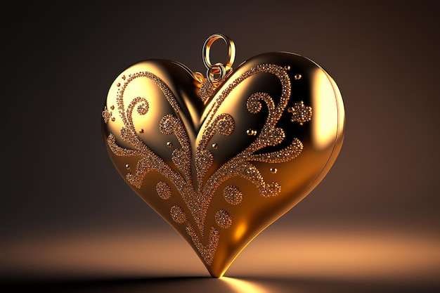 Pendant with a diamond in the form of a golden sparkling heart on a light background Generative AI