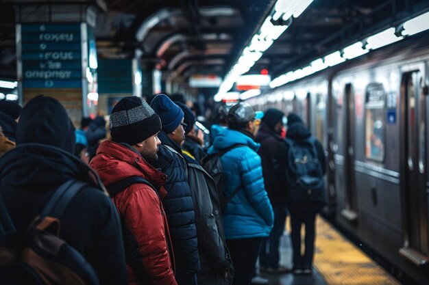 Foto pendelaars die in de rij staan bij een metrostation illu generative ai