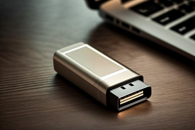 테이블 위의 펜드라이브 USB 메모리 플래시 드라이브로 더 잘 알려진 펜드라이브는 데이터를 GB 크기로 저장하는 기능을 가진 플래시 메모리로 구성된 장치입니다.