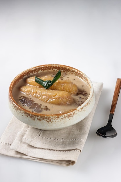 Pengat Pisang. Malaysian dessert for break fasting, made from banana, sago pearl and coconut milk.