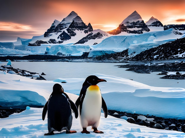 ペンギン 南極の夕暮れ モダンアート デュオトーン