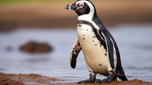 a penguin on the beach with a star on its back