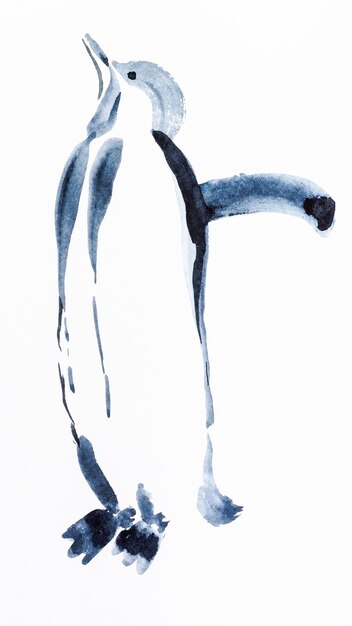 Penguin bird drawn by black watercolors