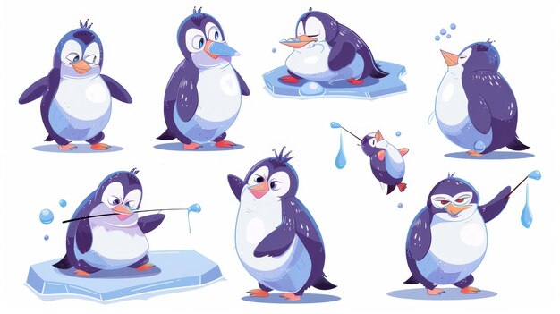 Photo penguin cartoon character isolated from the background kawaii animal life on the northern pole funny arctic bird sliding on stomach fishing on ice floe sitting with upset face dancing or having