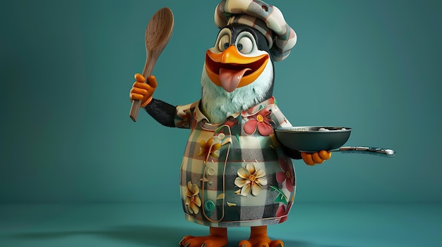 Penguin chef with a pan and a spoon