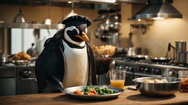 シェフの帽子をかぶったペンギンがキッチンでグルメの食事を調理している