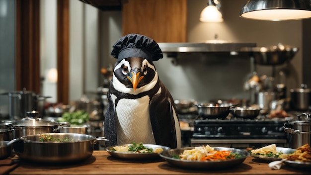 A penguin in a chefs hat cooking a gourmet meal in a kitchen