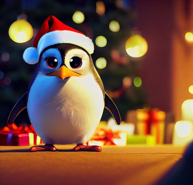 クリスマスの風景の中のペンギン クリスマスのキャラクター 赤い帽子をかぶったペンギン