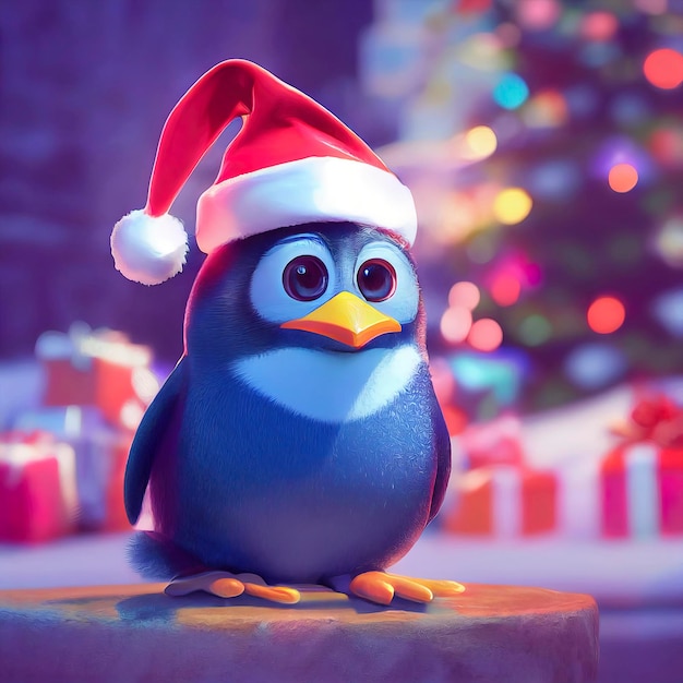 Penguin christmas character in christmas scenary penguin with\
red hat