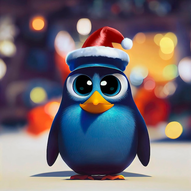 Penguin christmas character in christmas scenary penguin with\
red hat