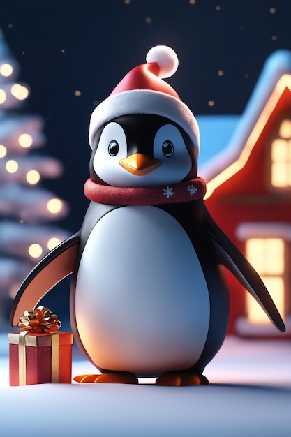 Photo penguin christmas character cute penguin in christmas scenery dark mode penguin background