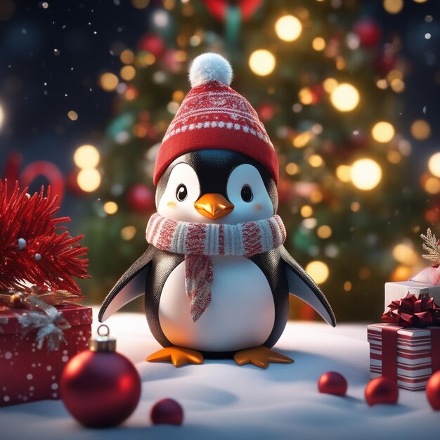 Photo penguin christmas character cute penguin in christmas scenery dark mode penguin background