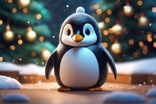 Penguin christmas character cute penguin in christmas scenery dark mode penguin background