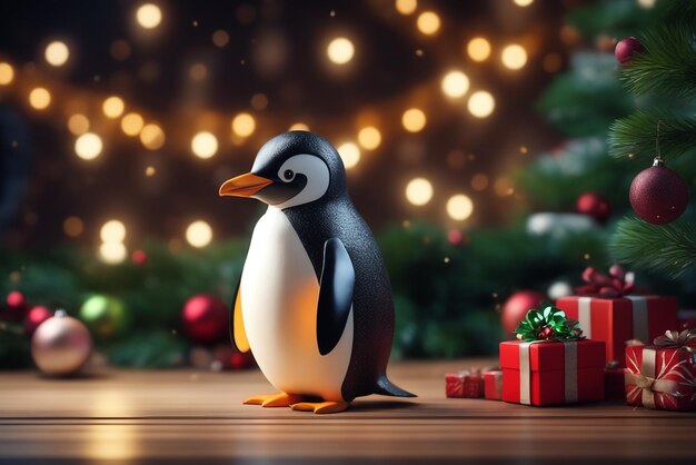 写真 ペンギンのクリスマスキャラクター クリスマス風景のかわいいペンギン ダークモードのペンギンの背景