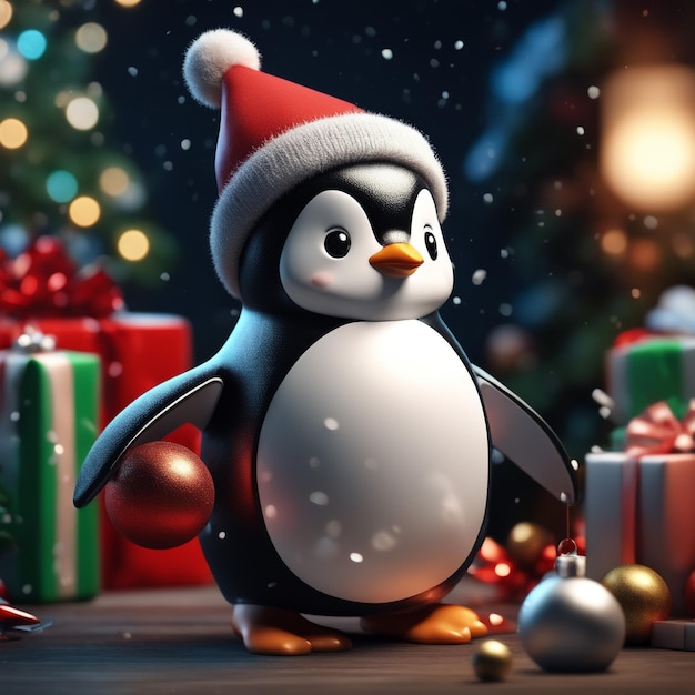 写真 ペンギンのクリスマスキャラクター クリスマス風景のかわいいペンギン ダークモードのペンギンの背景