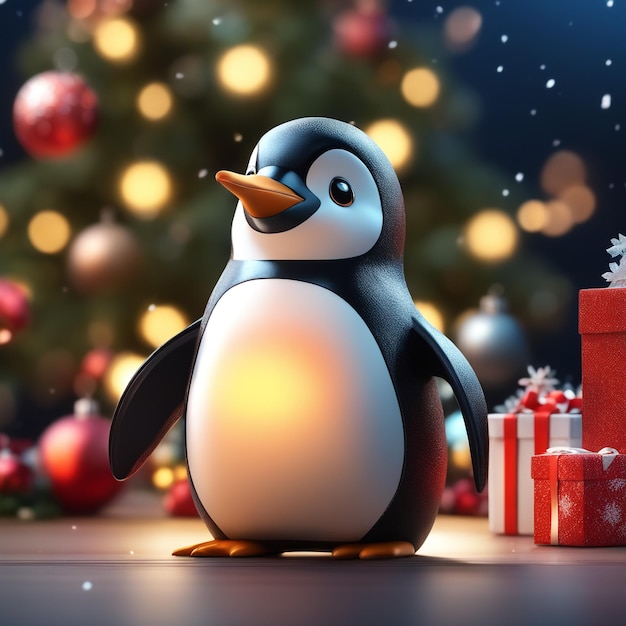 写真 ペンギンのクリスマスキャラクター クリスマス風景ダークモードのかわいいペンギン