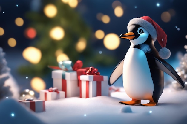 写真 ペンギンのクリスマスキャラクター クリスマス風景ダークモードのかわいいペンギン