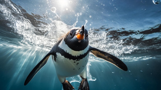 写真 水中にダイビングするペンギン 水中写真