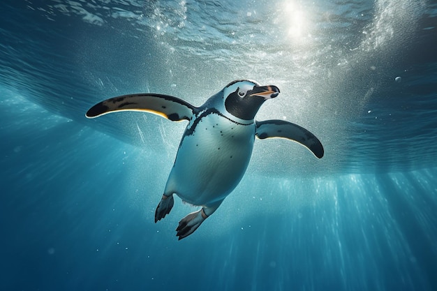 Penguin diving underwater with a trail of bubbles