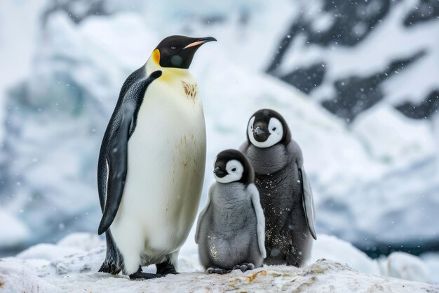 Photo penguin family keeping warm in extremely cold day