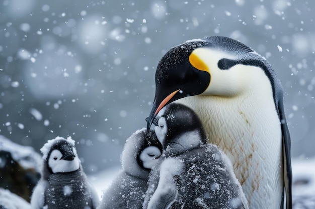 Penguin family keeping warm in extremely cold day