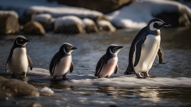 A penguin family stands on a rock in the snow.