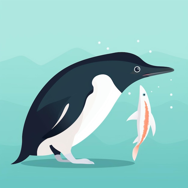 A penguin and a fish are on a blue background.