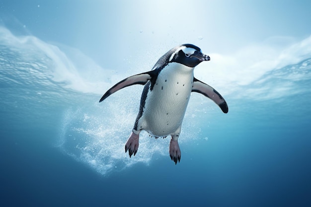 Foto pinguino che si tuffa graziosamente da un iceberg nelle acque fredde sottostanti