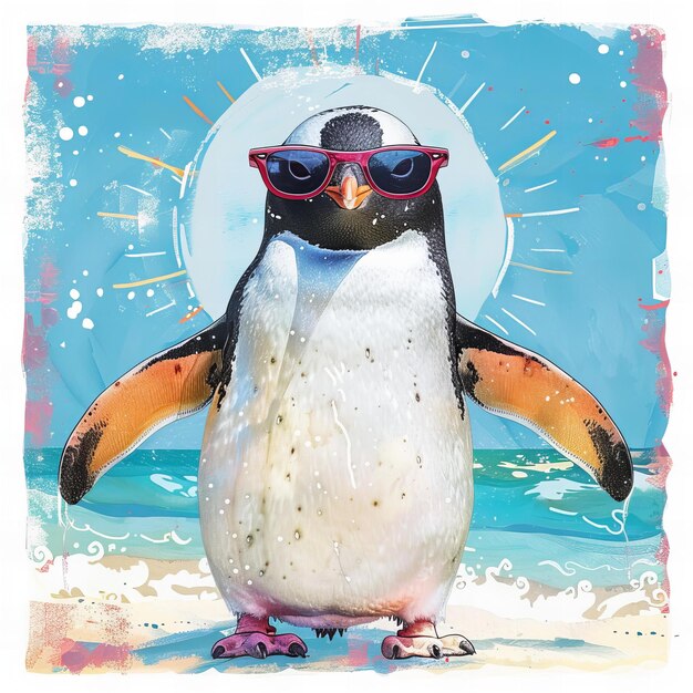 Foto pinguino grafico con spruzzatura d'acqua e illustrazione del sole concetto di divertimento e vacanza