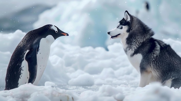 A penguin and a husky are standing on the ice in Antarctica