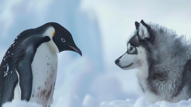 A penguin and a husky are standing on the ice in Antarctica