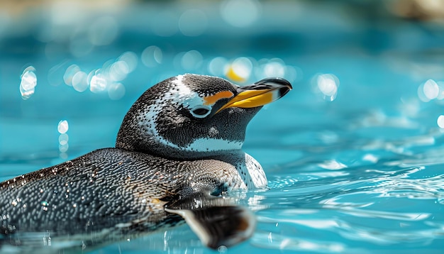 Penguin on an icy shore with sunlight reflecting on the ocean Wildlife and conservation concept