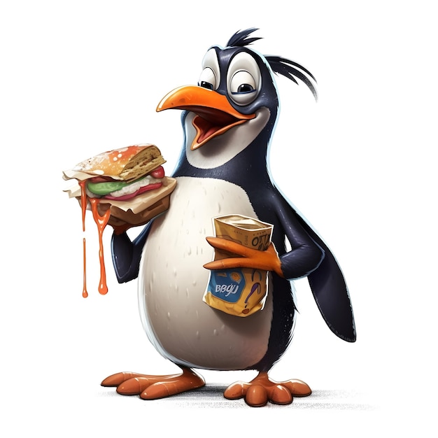 A penguin is eating a sandwich and holding a sandwich.